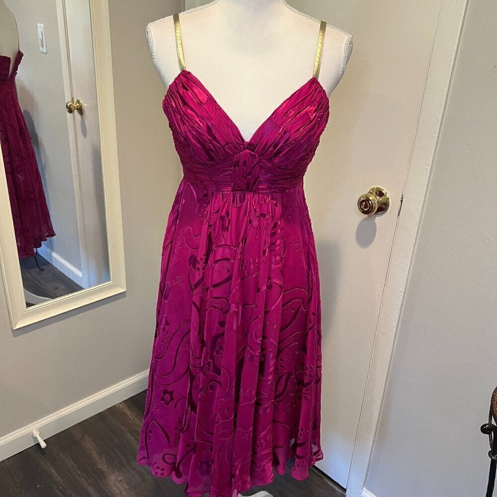 Anne Klein Fuschia Floral Silk Midi Dress w gold straps, Size 2
